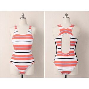C&F Striped One Piece Swimsuit Women's S Coral White Blue Black High Neck...
